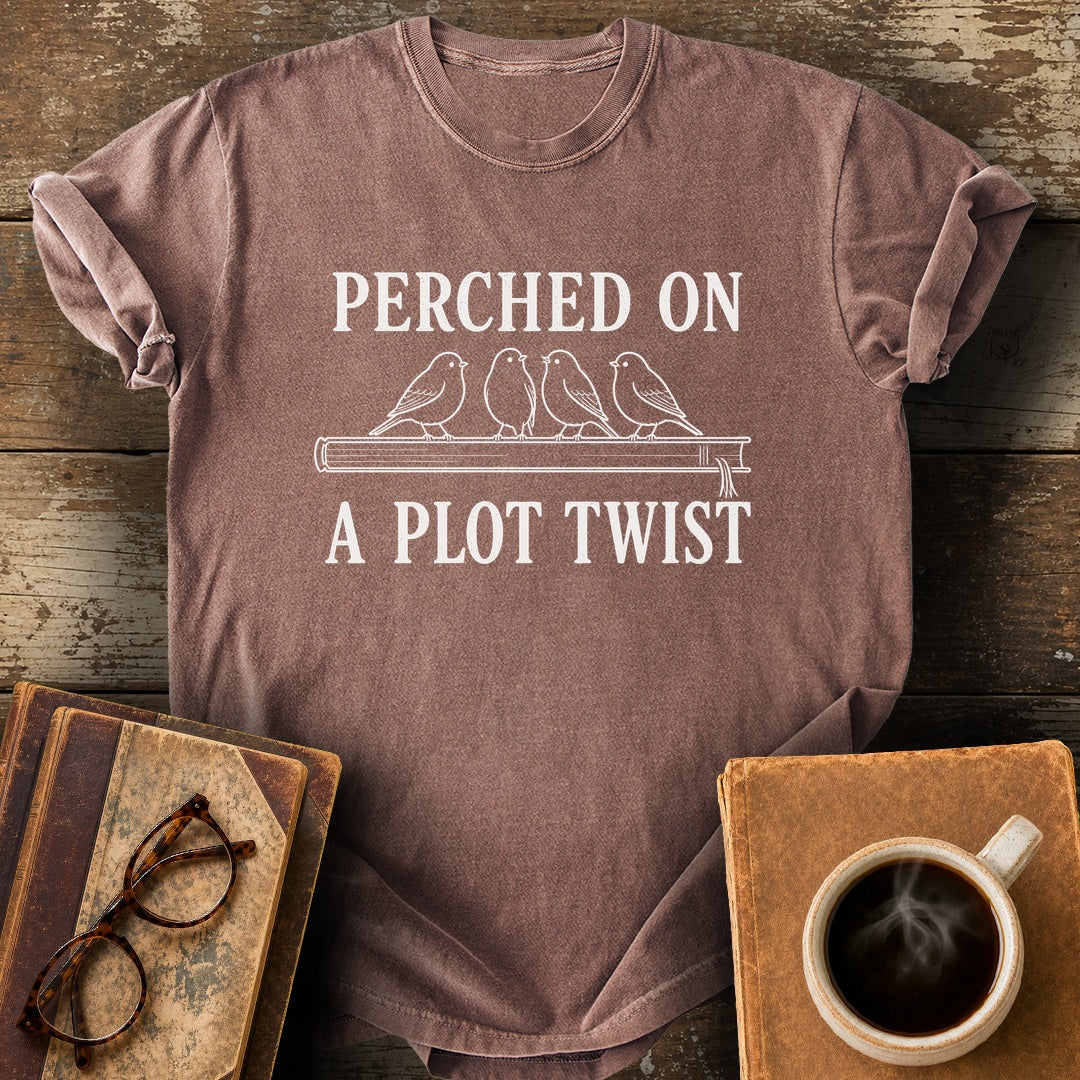 Perched on a Plot Twist Tee - espresso shirt mockup